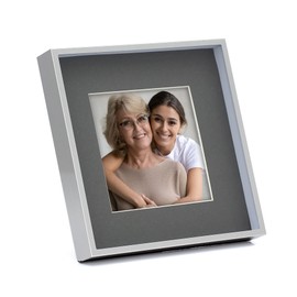 MIMOSA MOMENTS 6x6 Minimalist Silver Metal Picture Frame with Dark Gray Mat for 4x4 Photo, Shadowbox Frame for Tabletop Display or Wall (4x4, Brushed Silver- Square Opening)