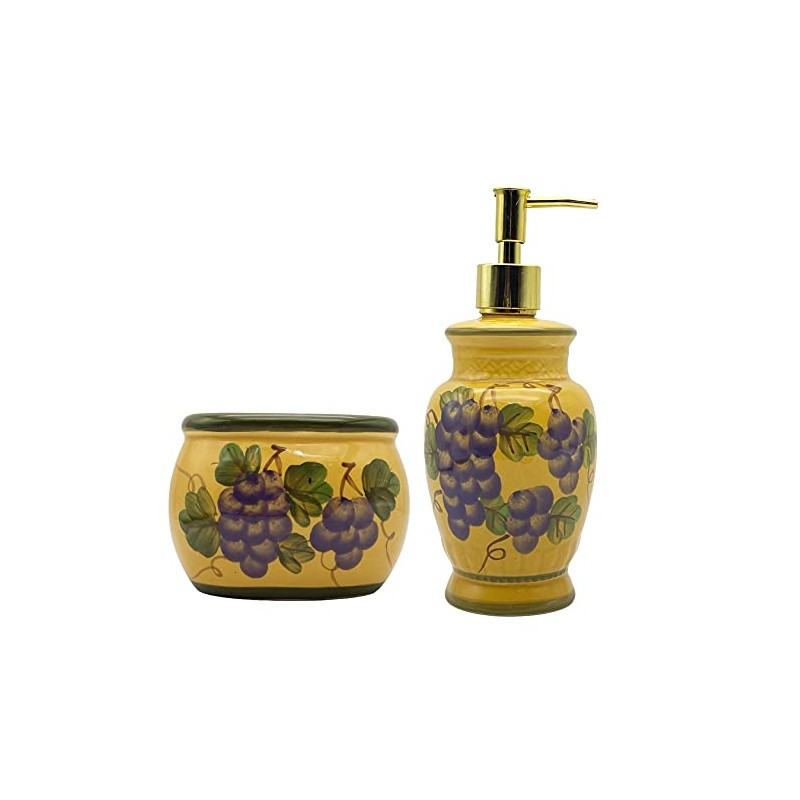 Tuscany Grape Collection Deluxe Hand-Painted Soap Dish and Lotion Dispenser