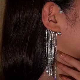 Yheakne Vintage Crystal Tassel Ear Cuff Earrings Rhinestone Long Tassel Earrings Silver Wedding Tassel Drop Earrings Cz Chandelier Crystal Wrap Around Earrings Jewellery for Women and Girls(Silver)