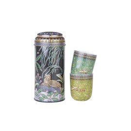 IMAGES D'ORIENT Gift Set 2 in 1 Metal Tins with 2 x 90 ml Porcalain Espresso Cups Mocha Cups Jangala Oriental Pattern Green/Colourful