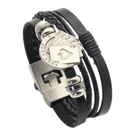 VJOSA Punk Rock Vintage Alloy Playing Card Poker Bead Braided Multi Layer Pu Leather Cuff Bracelet(Black)