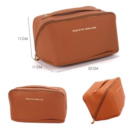 Travel Makeup Bag Zipper Pouch, Large Portable Cosmetic Bags for Women, PU Leather Makeup Organizer Toiletry Bags - Brown