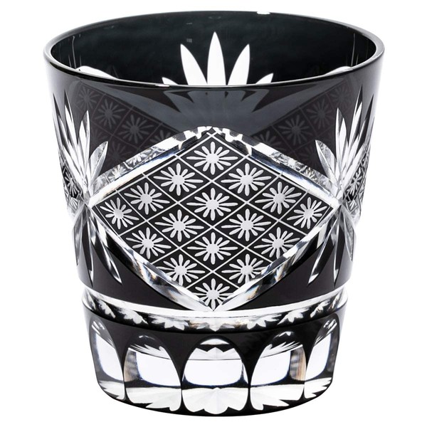 Taimuro Kobo TB96325-5 Edo Kiriko "Black" Flower Rhombus Crest Tengai Old Glass, Wooden Box, Made in Japan