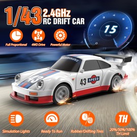 RC Drift Car, 1/43 Mini RC Drift Car with Gyroscope, 2.4GHz Full Proportional Remote Control Cars, 4WD High Speed Racing with Lights, Racing Tires, Model Cars Gift for Adults, Kids, Boys (White-P)