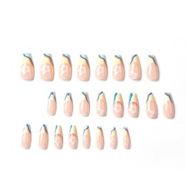 DANMANR Coffin Press on Nails Long False French Nails Full Cover Flower Acrylic Fake Green Swirl Nails for Women and Girls 24PCS