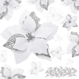 YSUVIN Christmas Flowers Decorating, Pack of 25 Christmas Tree Decorations Glitter Poinsettia, Artificial Flowers Christmas with 25 Clips for Christmas Wedding Party New Year, White (15 cm & 12 cm)