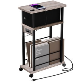 DGSANDGO Side Table with Charging Station and Drawer, Narrow End Table with USB Ports and Outlets for Small Space, Living Room, Bedroom and Office, with 4 Wheels (1, Greige + Black)