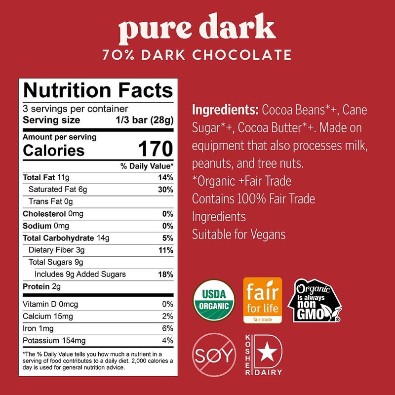 Theo Chocolate Pure Organic Dark Chocolate Bar, 70% Cacao, 12