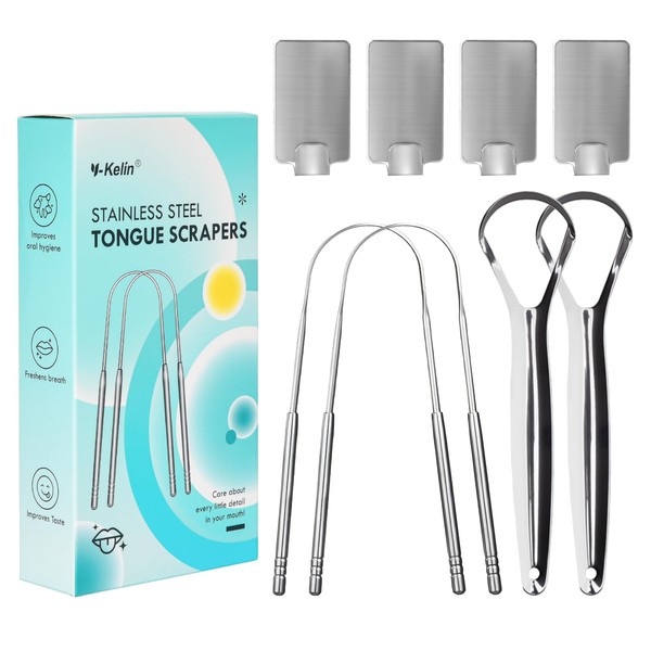 Y-Kelin 4 Pcs Stainless Steels Tongue Scrapers with Hooks, Metal Tongue Scrapers for Adults,for Oral Care, Fresh Breath and Clean Tongue（U-Shaped and Open Type）