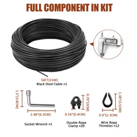 hannger String Light Hanging Kit Outdoor, Full Black Globe String Lights Suspension Kit w/ 100FT PVC Coated Steel Cable & Enough Accessories, Guide Wire for String Light, Patio Light, Camping Light