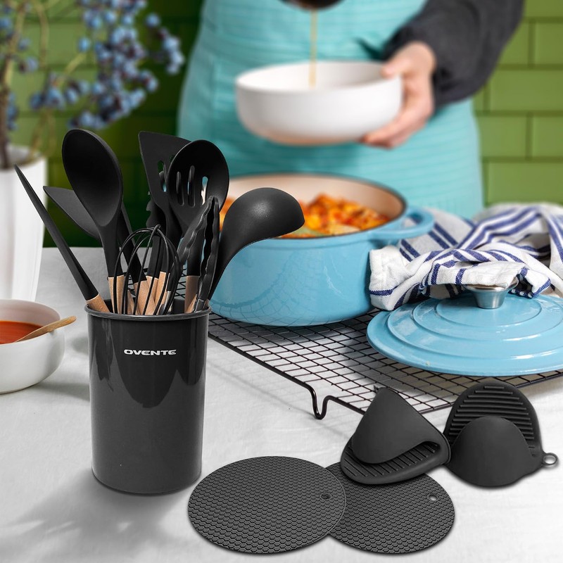 OVENTE Silicone Kitchen Cooking Utensils Set, 17pcs Heat Resistant Cooking