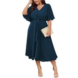 SCOMCHIC Women Plus Size Midi Dresses Wedding Guest Short Sleeve V Neck Tie Waist Casual Summer Flowy A Line Dress Lake Blue