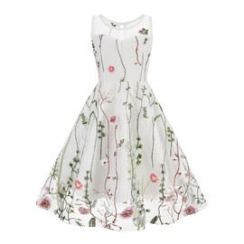 Girls Floral Embroidered Dress Flower Embroidery Tulle Prom Dresses Short Embroidery Mesh Floral Print Dress Girls Embroidery Princess Dress Wedding Bridesmaid First Communion Dresses White 9-10 Years