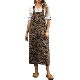 loveimgs Women Casual leopard Long Denim Dress Bib Overall Pinafore Strap Cheetah Print Jean Jumper Dress Patchwork (Large,Classic leopard)