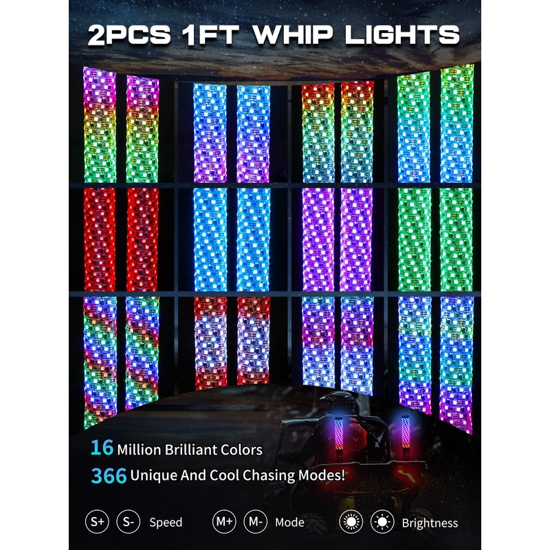 VI9000 2 Pack 1FT Fat Whip Lights, LED Whip Lights