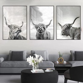 LXTOPN Highland Cow Canvas Pictures, Highland Cow Picture, Set of 3 Black and White Highland Cow Posters for Bedroom, Living Room, Modern Decoration, No Frame (Black White, 30 x 40 cm)