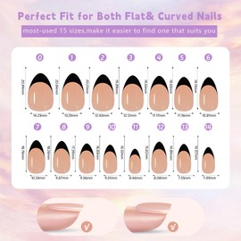 150Pcs Black French Tip Press on Nails Medium Almond Fake Nails In15 Sizes 3 IN 1 Soft Gel Nail Tips Nude Glossy Reusable Acrylic Nails No Need to File False Nails for Women Girls Manicure