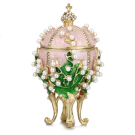 Hand Painted Enamel Pearl Flower Faberge Egg Trinket Box, Unique Hinged Floral Jewelry Box Organizer, Vintage Bejeweled Storage, Figurine Collectible Keepsake Home Decor (Pink)