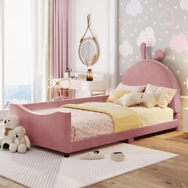 FAVSH Twin Size Upholstered Daybed with Rabbit Ear Shaped Headboard,Velvet Platform Bed for Kids Teens Boys Girls,No Box Spring Needed,Pink