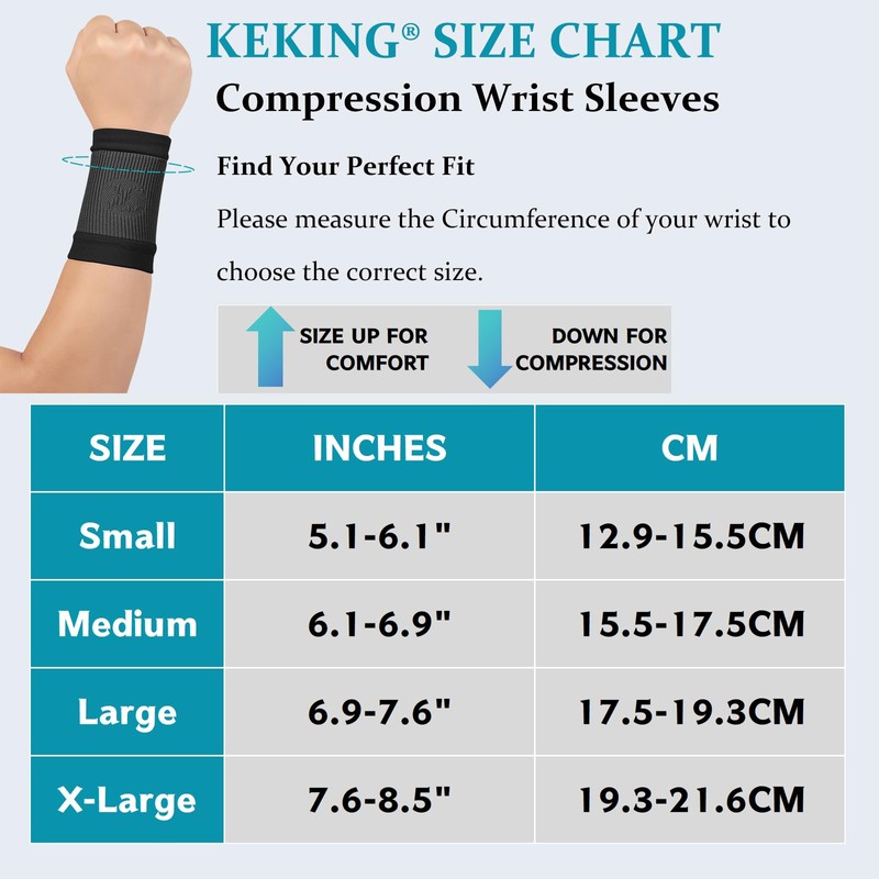 KEKING® Compression Wrist Sleeves for Women Men, 1 Pair, Premium
