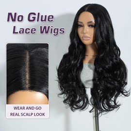 Joedir Wear and Go Glueless wig Pre Cut Lace No Glue Body Wave Synthetic Lace Front Wigs for Women Ready to Wear Middle Part Black Wig 26 Inch