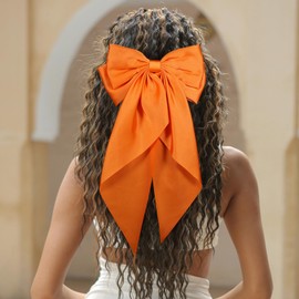 Large Hair Bow, Silky Satin Bowknot Hair Clip, Oversized Long Tail Hair Ribbon Barrette for Women Girls Ponytail Hair Accessories, Orange