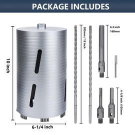 6-1/4 inch Diamond Dry Core Drill Bit, 10" Drilling Depth, 5/8"-11 Thread Core Drill Bit for Concrete Masonry Brick Block, Includes 3 Adapters SDS Plus, SDS Max and Hex (6-1/4 inch)