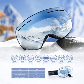 Dizokizo Ski Goggles Interchangeable Spherical Lens for Skiing Snowboard Anti-fog 100% UV Protection Triple Breathable Foams for Kids REVO Silver