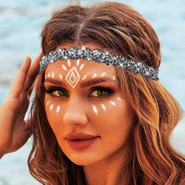 Flayem Women's Head Chain Black Shiny Elastic Rhinestone Headband (Black, 45.5 cm)