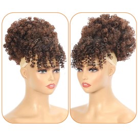 GOTEFERBE Drawstring Ponytail for Black Women, Afro Puff Kinky Curly Hair Ponytail Extension with Bangs Black Updo Hairpiece Natural Hair Ponytail