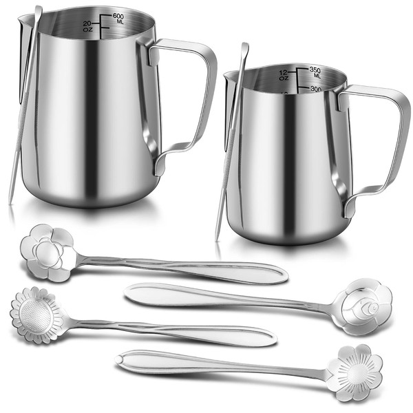 2 Pcs Milk Frothing Pitcher 12 Oz/ 350 ml 20 Oz/ 600ml Stainless Steel Milk Frother Cup with 4 Floral Dessert Coffee Spoons 2 Decorating Art Pens Silver Espresso Accessories Set for Kitchen Cafe Bar