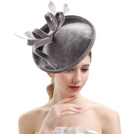 Bubbmi Women Velvet Fascinator Hat, Celebrity Lady Velour Feather Top Bow Hat for Banquet Wedding Cocktail Tea Party (Velvet Grey)