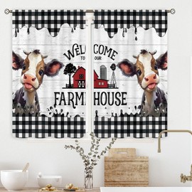 Cinbloo Farmhouse Kitchen Curtains 55Wx39H Inch Rod Pocket Country Cow Kitchen Decor Black and White Buffalo Check Cute Calf Western Rustic Wooden Living Room Bedroom Window Drapes Fabric 2 Panel