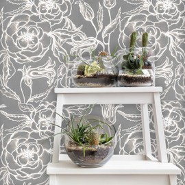 Flipside Neutral Gray Floral Peel and Stick Removable Wallpaper - Each Roll is 18 ft. Long x 18 in. Wide - Safe for Walls - Easy to Apply & Extremely Easy to Remove