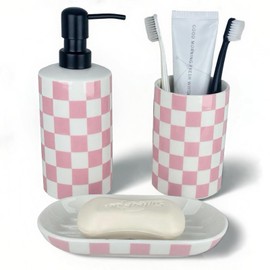 Pink Bathroom Toothbrush holder set, Cute Ceramic Bathroom Accessories, Includes Hand Soap Dispenser, Tooth Brush Holder, and Soap Dish, Funny Bathroom Accessories sets for Girls Woman Guest Bathrooms