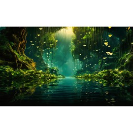 CaterRina Jungles Aquarium Background Dense Rainforest Tranquil Lake Terrarium Background Foggy Sunbeams Forest Jungle Style Theme Fish Tank Backdrop Wallpaper Tank Poster Decorations Vinyl 24x12in