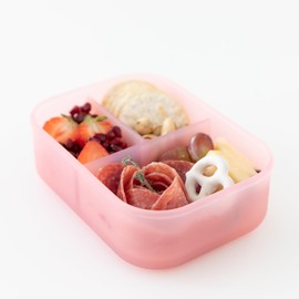 Bumkins Snack/Lunch Bento Box for Kids and Adults, 3 Compartment Container, Leak Proof Lid, for Portioning, Large Section Can Hold Sandwich, Food-Safe LFGB Platinum Silicone, Microwave-Safe, Pink