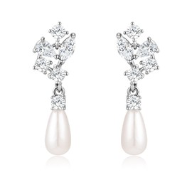 LAXPICOL Pearl Drop Earrings For Women/Girl,Leaf Shape Cubic Zirconia Teardrop Pearl Silver Dangle Earrings Jewellery Birthday Christmas Wedding Gift For Bridal/Women/Girls