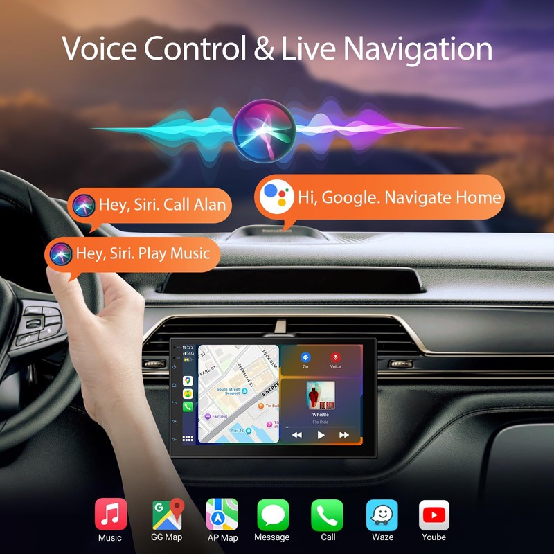 Haudio 7" Double Din Car Stereo with Wireless CarPlay &