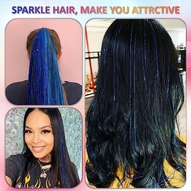 Sapphire Blue Hair Tinsel Kit 48 Inches 1200 Strands with Tools and Instruction Easy to Install Fairy Glitter Tinsel Hair Extensions for Women and Gir