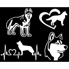 Siberian Husky Decal 4 Pack: Detailed Husky, Husky Heart, Husky Heartbeat, Husky Face Decals (Small ~3.5", White)
