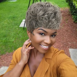 MOONSHOW Short Curly Wigs for Blcak Women Black Mixed Silver Pixie Cut Wig for Black Women Cute Blonde Wig with Bangs Short Layered Pixie Wig Synthetic Natural Wavy Synthetic Hair Wigs for Women