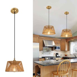 Pathson Boho Rattan Pendant Light, Modern Handmade Woven Farmhouse Chandelier, Adjustable Textile Cord Woven Hanging Lamp Fixture for Living Room Kitchen Island Dining Room Bedroom