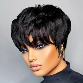 Short Pixie Cut Wigs Human Hair Short Wigs For Black Women Glueless Wigs Pre Plucked Short wigs With Bangs For Daily Use Natural 1B Color