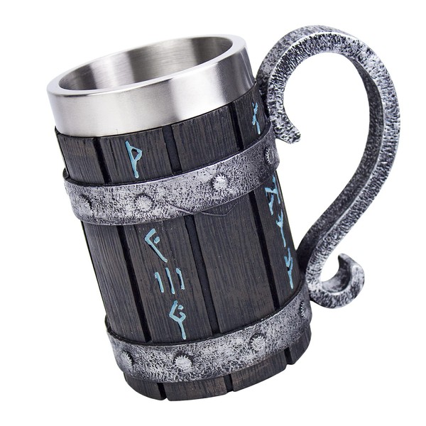 Nordic Viking Rune Pichet à bière en acier inoxydable en bois résine 3D Norse Décor Café Cool gothique Beer Tankard Pierre Mugs
