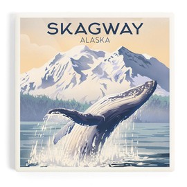 Skagway, Alaska, Lithograph, Breaching Humpback Whale (Absorbent Ceramic Coaster, Single, Cork Back, Kitchen Table Decor)