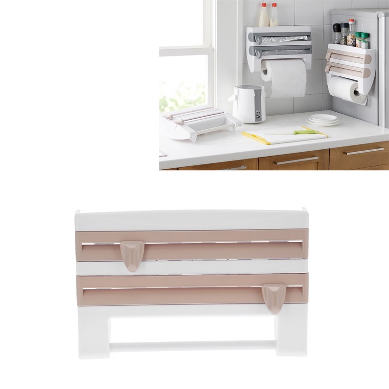 Plastic Wrap Storage Rack Cling Film Dispenser Cutter Paper Towel