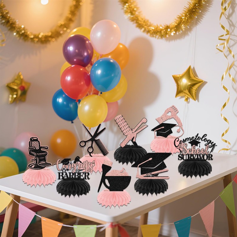BOMXOI 8PCS Cosmetology School Survivor Honeycomb Centerpieces Cosmetology Graduation Decorations