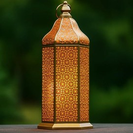 VELA LANTERNS - Farol decorativo para vela marroquí dorado champaña de 16 pulgadas, linterna hexagonal de metal para mesa o colgar, decoración islámica turca de Ramadán, centro de mesa de boda