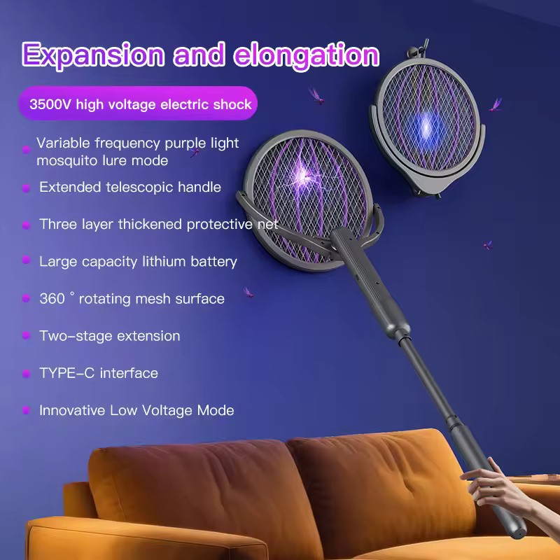 3-in-1 Foldable Rechargeable Electric Mosquito Swatter with Wall-Mount Mode
